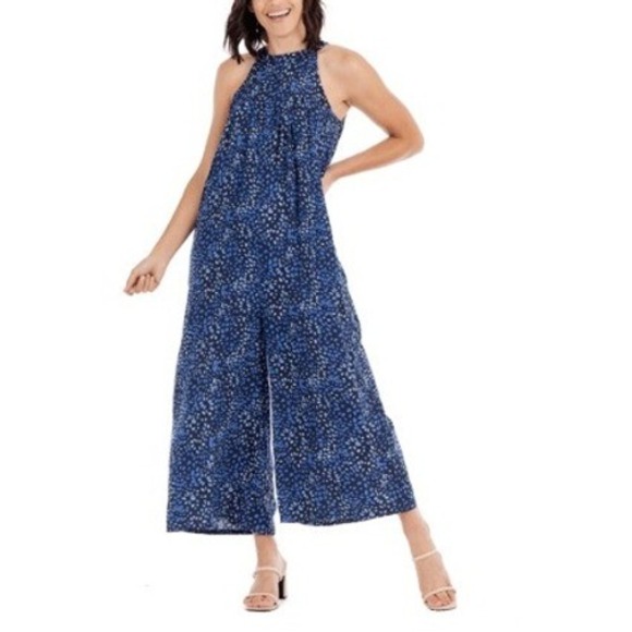 Mud Pie Pants - Mud Pie Abstract Pebble Halter‎ Jumpsuit Womens S/M Blue Purple Wide Leg Pockets